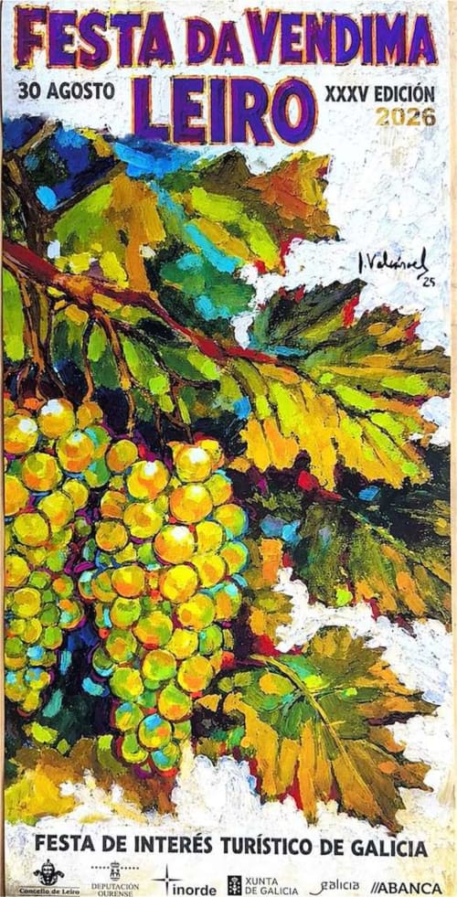 Festa da Vendima Leiro 2026 poster featuring colorful grapes and vineyard leaves, promoting wine harvest festival in Galicia
