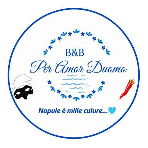 Logo del B&B Per Amor Duomo di Napoli con maschera veneziana, corno di corallo e decorazione floreale blu