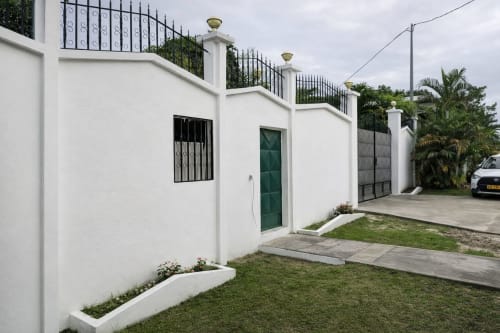 Villa La Villa des Pins, propriété toscane à Libreville avec façade blanche, porte verte et vue sur le jardin