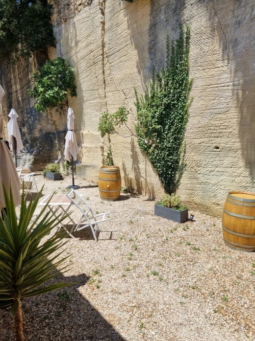 Cour ensoleillée de L'Orée du Ventoux avec lierre, tonneaux de vin, transats et murs en pierre