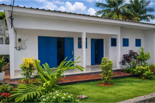 Villa des Pins à Akanda : portes bleues, façade blanche et jardin tropical avec palmiers