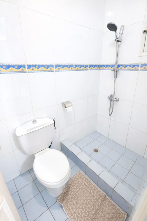 Salle de bains impeccable avec toilettes, douche, carrelage bleu et frise décorativeDESCRIPTION à La Villa des Pins, Akanda