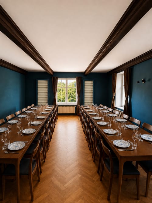 Élégante salle à manger privée de la villa Maison Agami aux murs bleu marine, poutres en bois, longues tables et grandes fenêtres