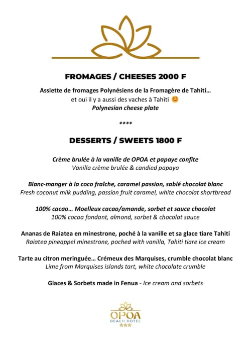 OPOA Beach Hotel menu featuring Polynesian cheeses, vanilla crème brûlée, coconut pudding, and tropical desserts in Uturoa