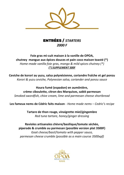 OPOA Beach Hotel starters menu featuring foie gras, ceviche, swordfish and nems from Uturoa
