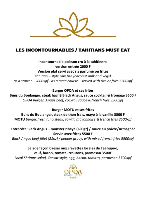 OPOA Beach Hotel menu featuring Incontournables and Tahitian dishes in Uturoa, French Polynesia
