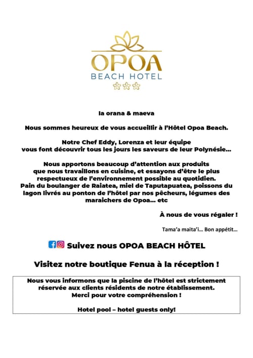 Opoa Beach Hotel welcome sign in French with restaurant info, social media links, and pool policy for Uturoa guests