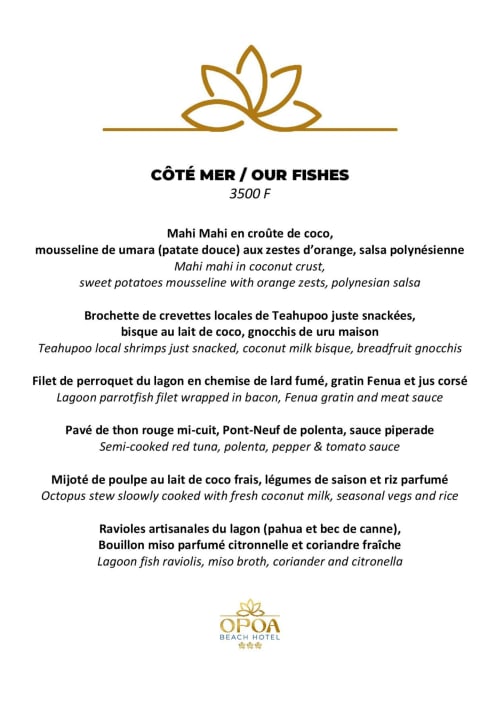 OPOA Beach Hotel seafood menu featuring mahi mahi, shrimp, and lagoon fish dishes, Uturoa