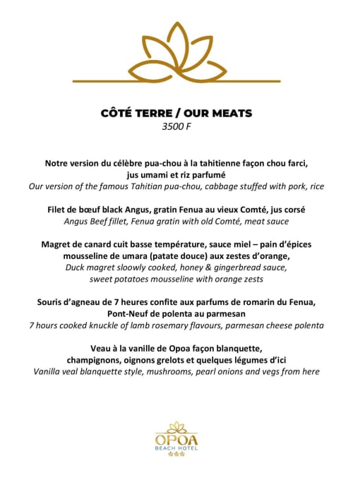 OPOA Beach Hotel meat menu featuring Tahitian pua-chou, beef fillet, duck magret, lamb shanks and veal in Uturoa