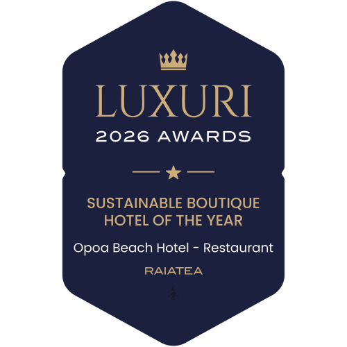 Luxuri 2026 Awards badge for Sustainable Boutique Hotel of the Year - Opoa Beach Hotel Restaurant, Raiatea