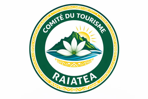 Comité du Tourisme Raiatéa logo featuring white flower, mountain, sun and water - Raiatea tourism board emblem
