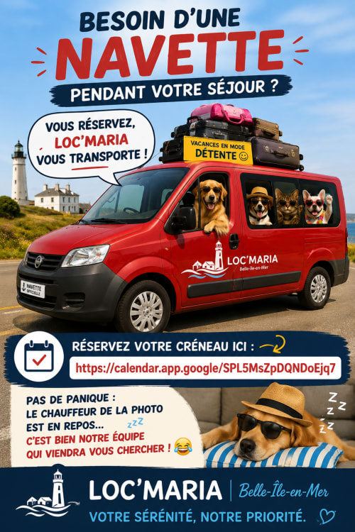 Minivan rouge Loc'Maria chargée d'animaux et de bagages devant le phare de Belle-Île-en-Mer pour location de transport de vacances