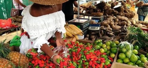Vendeur au marché de Fort-de-France proposant des piments rouges frais, fruits tropicaux et légumes
