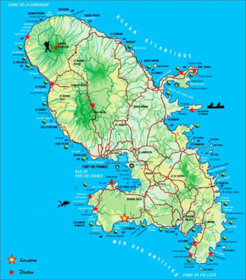 Carte topographique de la Martinique montrant les lieux et la géographie près de Fort-de-France