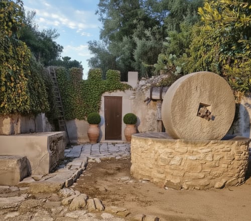 Cortile mediterraneo dell'Hotel Candalú con scultura di macina in pietra, muri ricoperti d'edera e architettura tradizionale