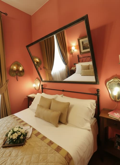 Suite elegante all'Hotel Candalú con pareti color corallo, letto in ferro battuto, cuscini dorati, specchio grande e vista sul giardino