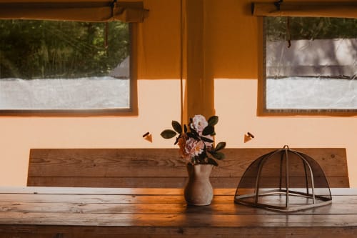 Bureau en bois avec des fleurs roses dans un vase et cage à oiseaux, surplombant le jardin des gîtes de Cormenin Safari tent