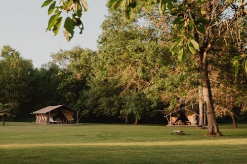 Tentes safari nichées parmi les arbres dans un jardin verdoyant aux gîtes de Cormenin, Saint-Hilaire-sur-Puiseaux