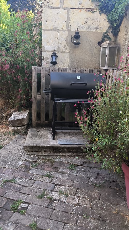 Cour du Gîte de la vallée avec barbecue noir, plantes fleuries et murs en pierre rustique à Courdemanche, France