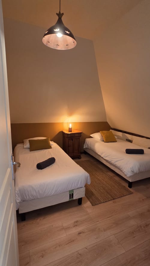 Twin beds in Le Surcouf apartment at Manoir de la Bégaudière, Mont-Dol, with decorative pendant light and garden view