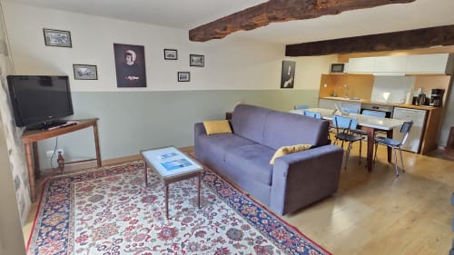 Le Jacques Cartier apartment at Manoir de la Bégaudière in Mont-Dol, living room with purple sofa, TV, and kitchen area