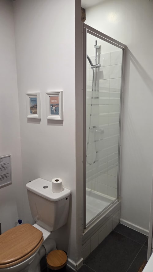 Modern bathroom with toilet, shower enclosure, and wooden fixtures at Manoir de la Bégaudière, Mont-Dol