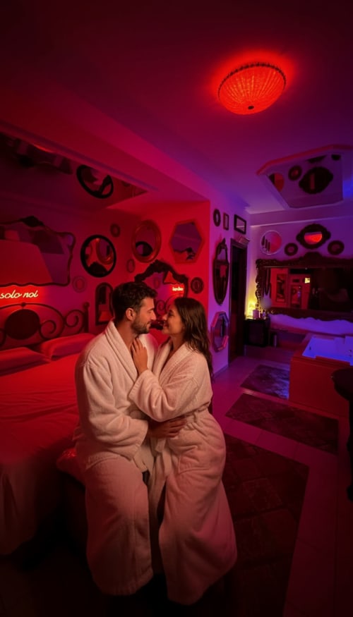 Coppia in accappatoio in un momento intimo nella spa con illuminazione neon di Pupi Catania B&B, Aci Castello