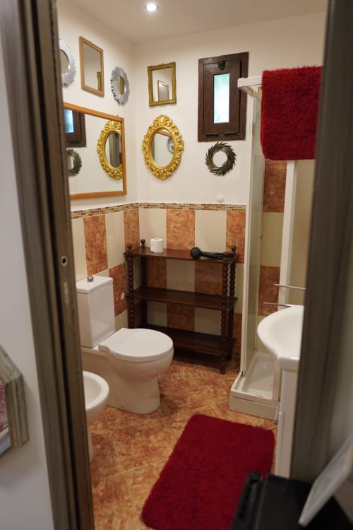 Bagno con specchi decorativi, pareti in sughero, wc bianco, ripiano in legno scuro e tappeti da bagno rossi a Specchi