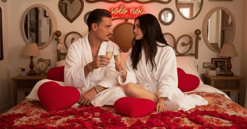 Coppia in accappatoi bianchi che condivide champagne su cuscini a forma di cuore rosso in romantica suite da letto presso la Fattoria B&B Pupi Catania Etna