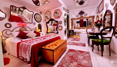 Camera romantica con accenti rossi, pareti specchiate, letto in legno e specchi decorativi presso Pupi Catania B&B in Sicilia