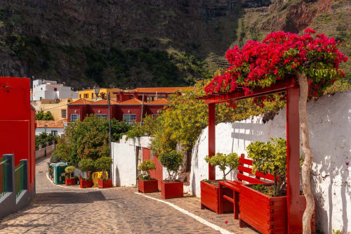 Pérgola roja con flores de buganvilia en el patio de Casa Rural Los Helechos, Agulo, España