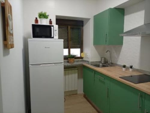 Cocina moderna con gabinetes verdes, encimeras de madera, microondas y refrigerador blancos en apartamento de Cáceres