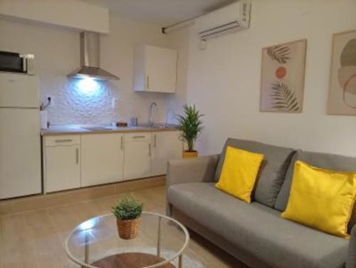 Moderno apartamento estudio en Cáceres con sofá gris, cojines amarillos, kitchenette con gabinetes blancos y arte botánico en la pared.