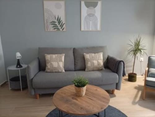 Moderno salón en apartamento de Cáceres con sofá gris, mesa redonda de madera y arte botánico en la pared