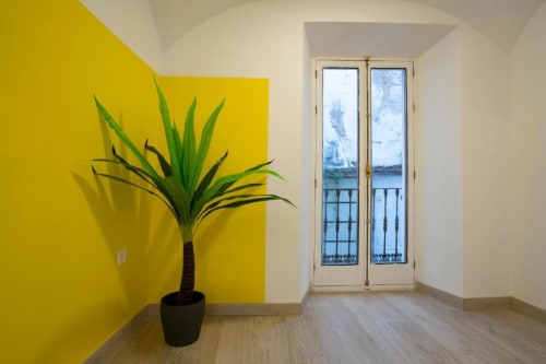 Habitación luminosa con paredes amarillo brillante en Apartamentos La Machacona de Cáceres, con maceta y puertas acristaladas que abren a