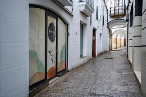 Encantadora entrada de calle adoquinada a Apartamentos La Machacona en Cáceres, España, con pasaje abovedado
