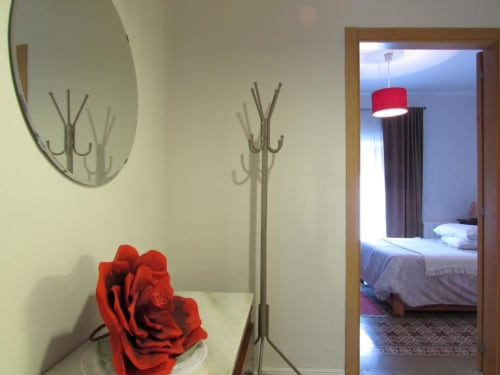 Pasillo moderno en apartamento de Cáceres con decoración de rosa roja, perchero metálico y vista al dormitorio con lámpara colgante roja