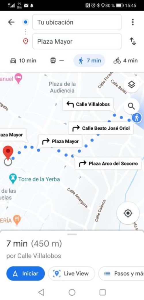 Navegación de Google Maps desde Tu ubicación a Plaza Mayor en Cáceres, mostrando ruta a pie de 7 minutos
