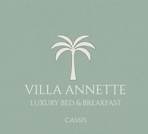 Villa Annette luxury bed and breakfast logo with palm tree icon on sage green background, Cassis France