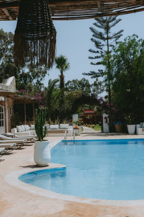 Zone de piscine de l'hôtel Eucalyptus Ethnic à Essaouira avec eau bleue, palmiers et transats