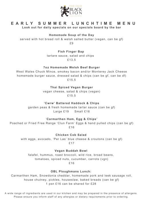 The Old Black Lion early summer lunchtime menu featuring Welsh beef burgers, fish and chips, and local specialties in