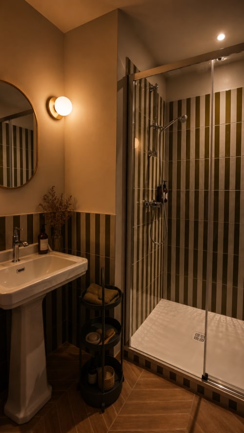 Modern bathroom at La Maison 1903 B&B in Trévou-Tréguignec with striped tile accents and walk-in shower