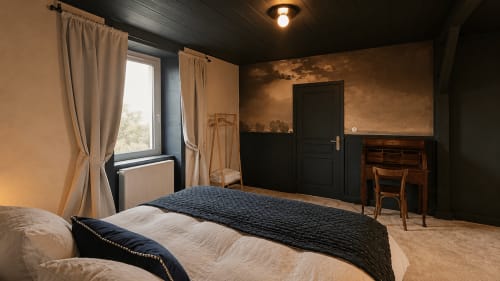 Spacious bedroom at La Maison 1903 B&B in Trévou-Tréguignec with modern dark ceiling, warm lighting, and elegant furnishings.