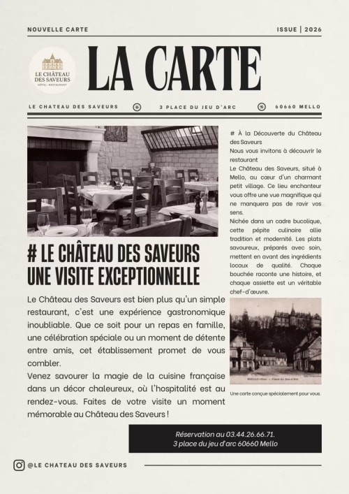 Salle à manger élégante de l'hôtel Le Château des Saveurs à Mello avec tables dressées et décor français traditionnel