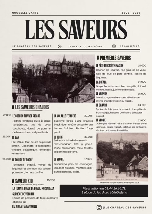 Menu 2026 du Château des Saveurs présentant la cuisine française et des vues du château à Mello