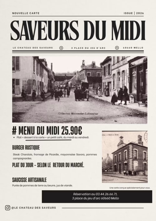 Menu Saveurs du Midi du Château des Saveurs à Mello, France avec plats traditionnels et scène de rue rustique