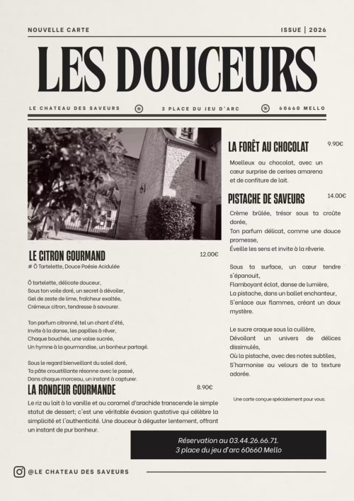 Menu desserts du Château des Saveurs : forêt chocolatée, crème de pistache, tarte au citron et riz au lait à Mello