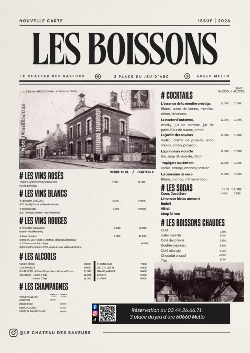 Carte des Boissons 2026 du Château des Saveurs à Mello, France. Vins, cocktails et boissons.