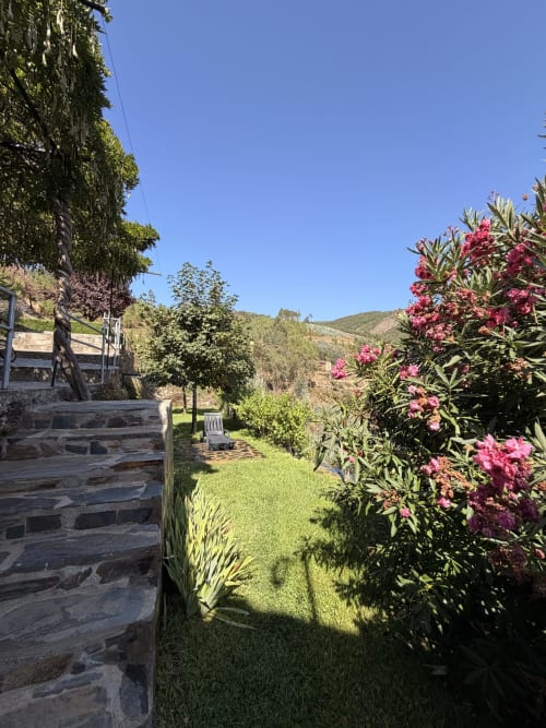 Jardim na serra da Casas do Sinhel com flores de oleandro rosa, gramado verdejante, muros de pedra e colinas florestadas