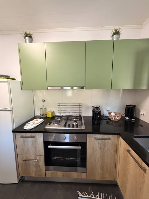 Cozinha moderna da Casa Relva da Mó com armários verdes, bancada preta, fogão a gás e eletrodomésticos em aço inoxidável